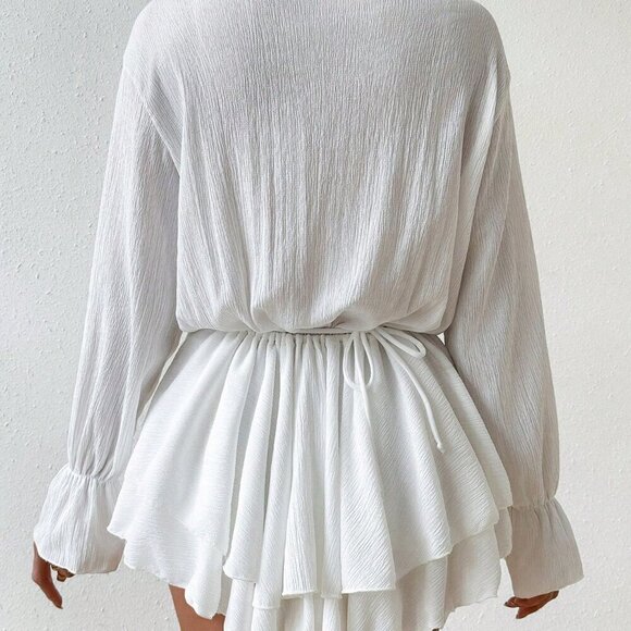 White Women's Ruffle Trim Flounce Sleeve Cover Up Dress Without Bikini - Picture 2 of 8